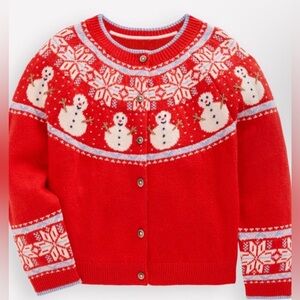 Boden Red Snowman Fair Isle Yoke Button-Front Cardigan